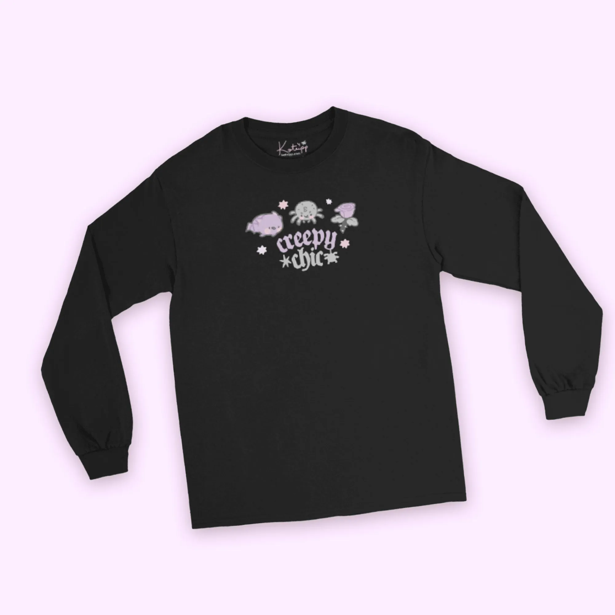 Bartholomew the Bat & Fluffy the Spider Long Sleeve T-Shirt | Creepy Chic Quote | Gothic Purple Rose Halloween Apparel