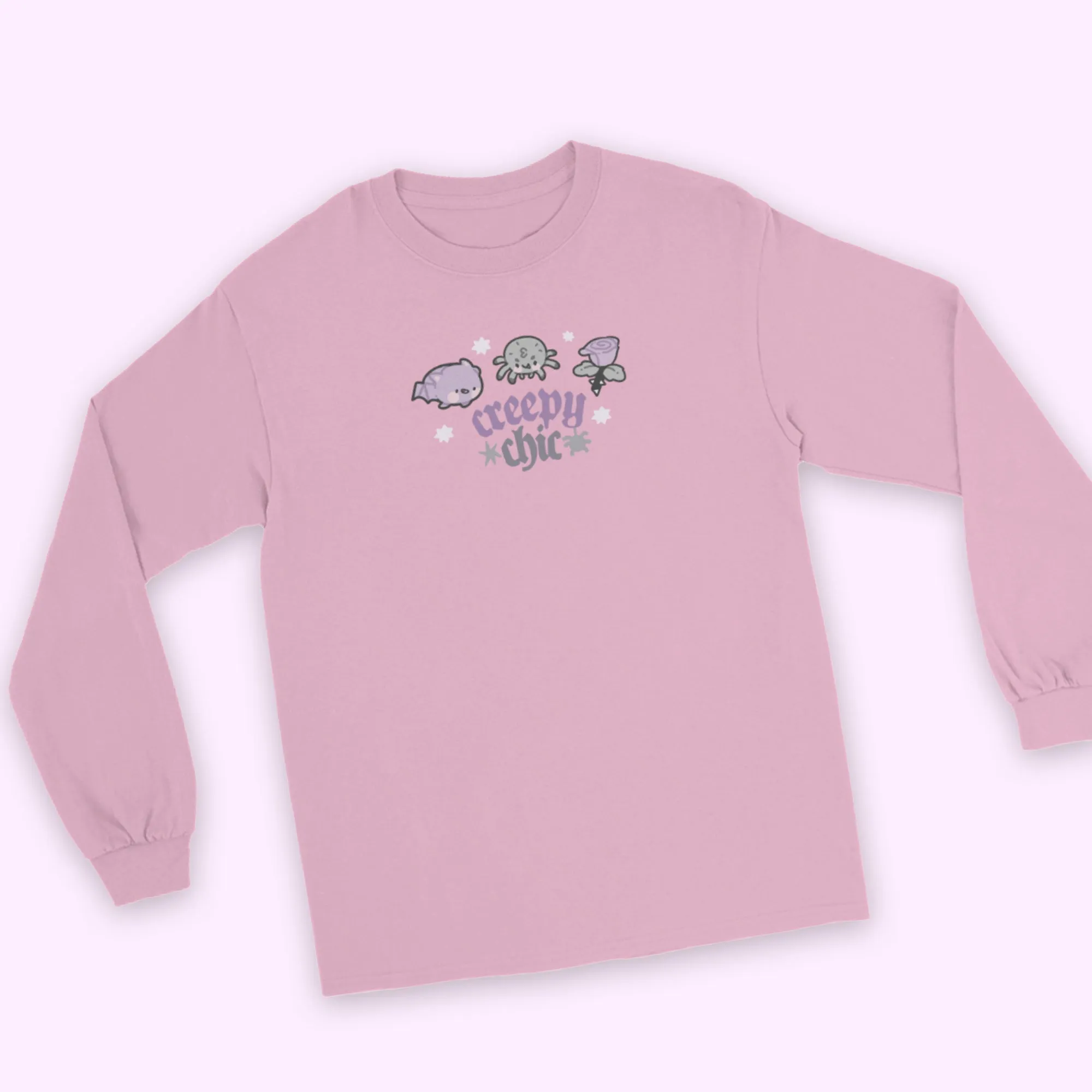 Bartholomew the Bat & Fluffy the Spider Long Sleeve T-Shirt | Creepy Chic Quote | Gothic Purple Rose Halloween Apparel
