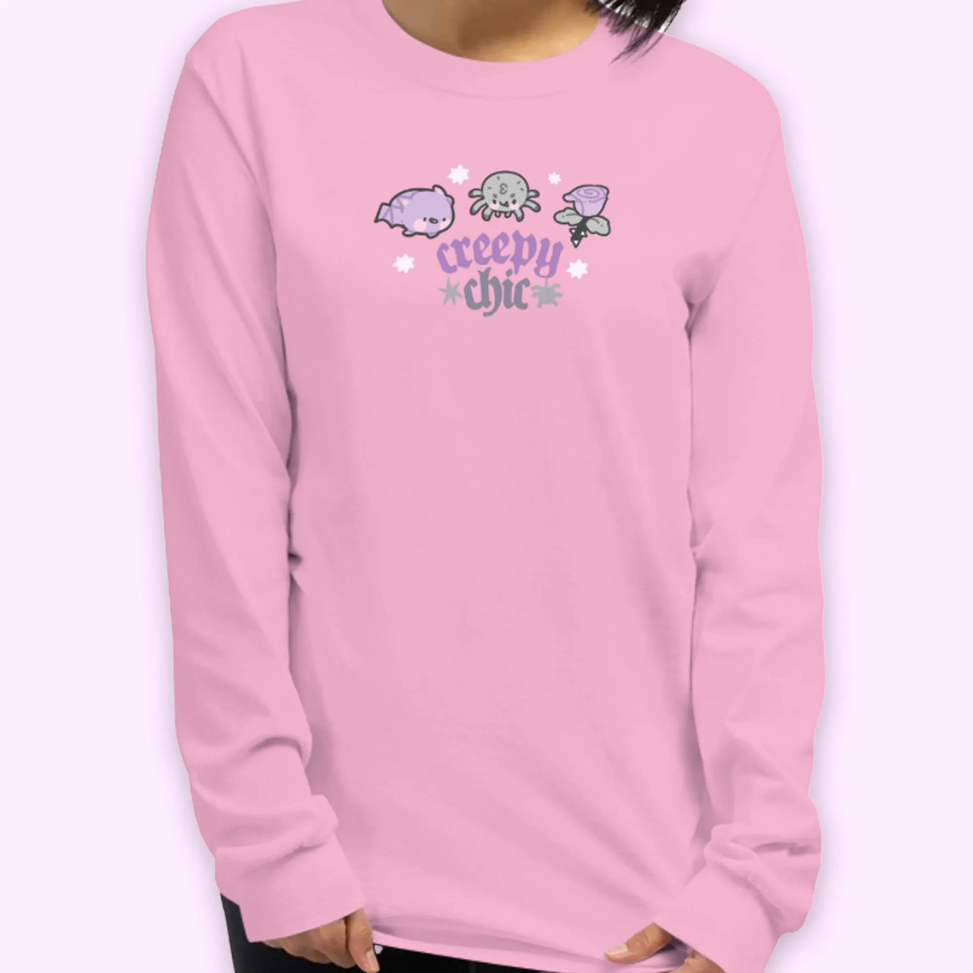 Bartholomew the Bat & Fluffy the Spider Long Sleeve T-Shirt | Creepy Chic Quote | Gothic Purple Rose Halloween Apparel
