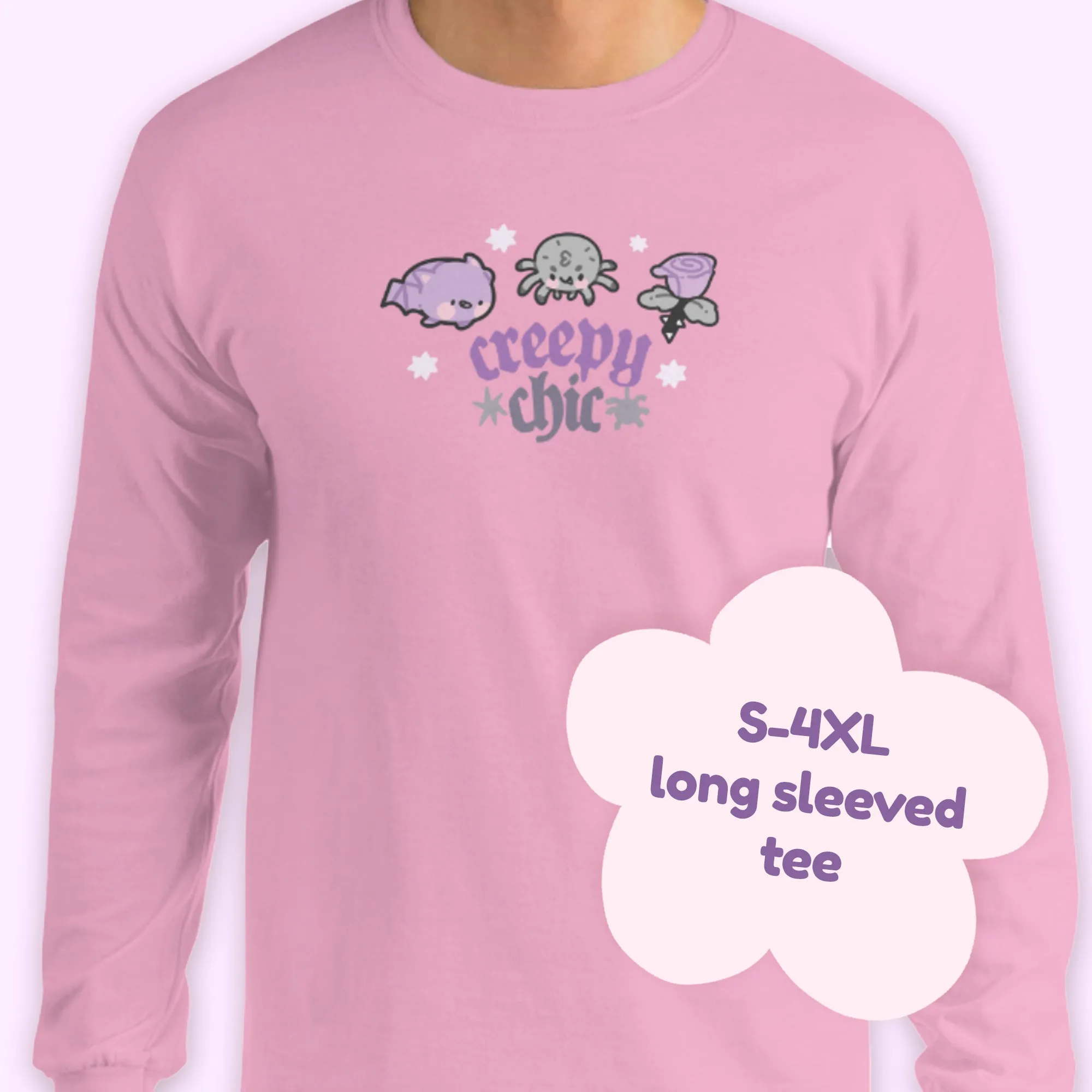 Bartholomew the Bat & Fluffy the Spider Long Sleeve T-Shirt | Creepy Chic Quote | Gothic Purple Rose Halloween Apparel