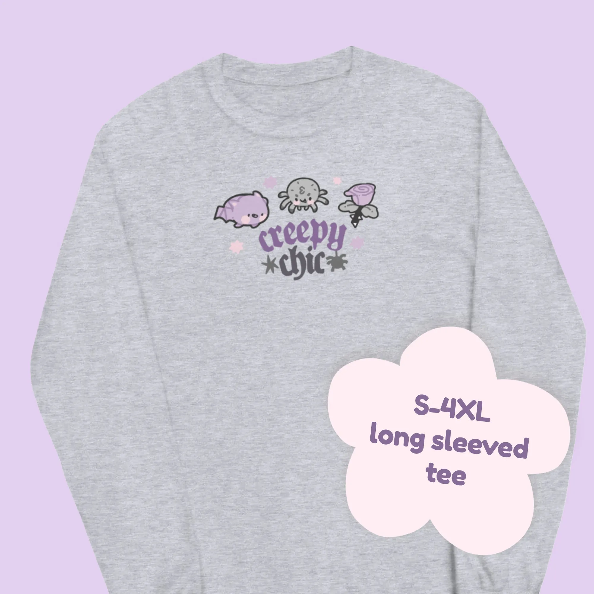 Bartholomew the Bat & Fluffy the Spider Long Sleeve T-Shirt | Creepy Chic Quote | Gothic Purple Rose Halloween Apparel