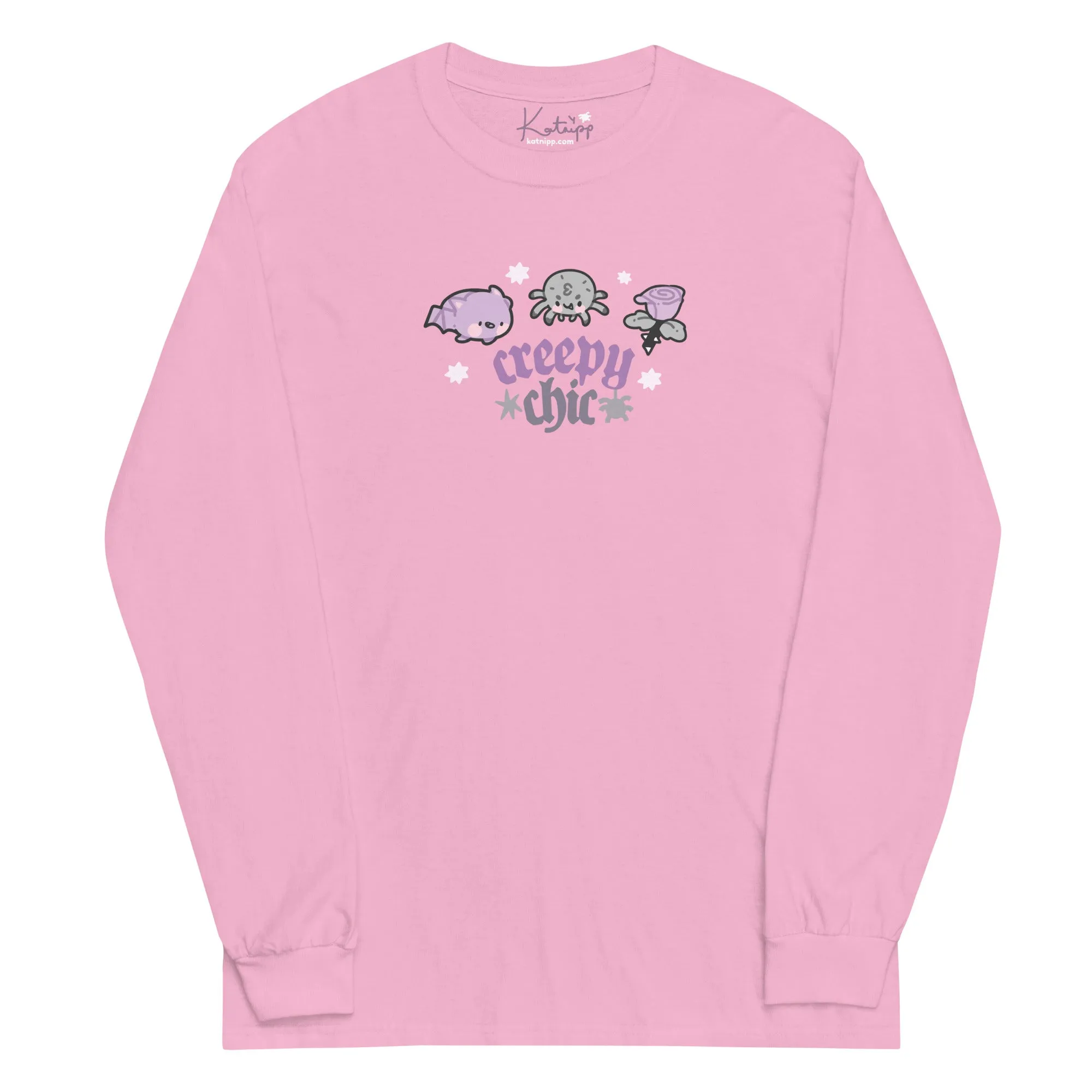 Bartholomew the Bat & Fluffy the Spider Long Sleeve T-Shirt | Creepy Chic Quote | Gothic Purple Rose Halloween Apparel