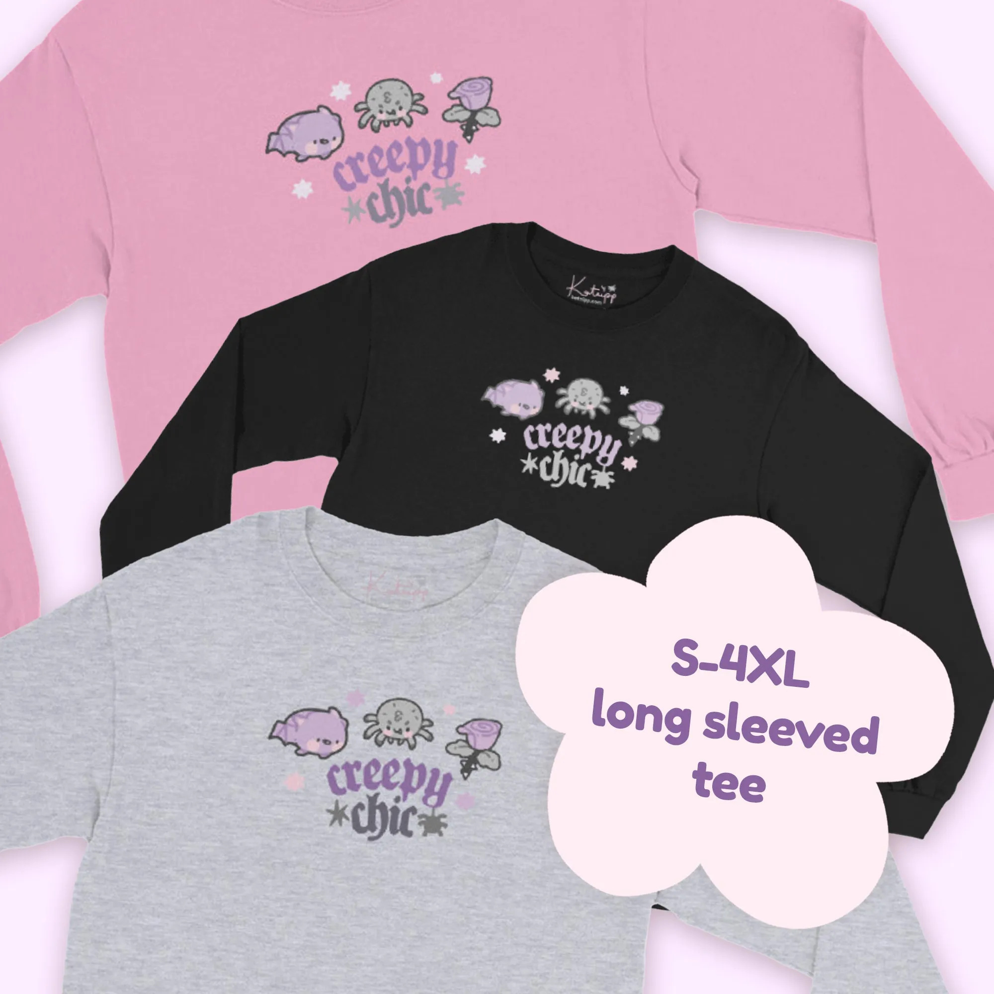 Bartholomew the Bat & Fluffy the Spider Long Sleeve T-Shirt | Creepy Chic Quote | Gothic Purple Rose Halloween Apparel
