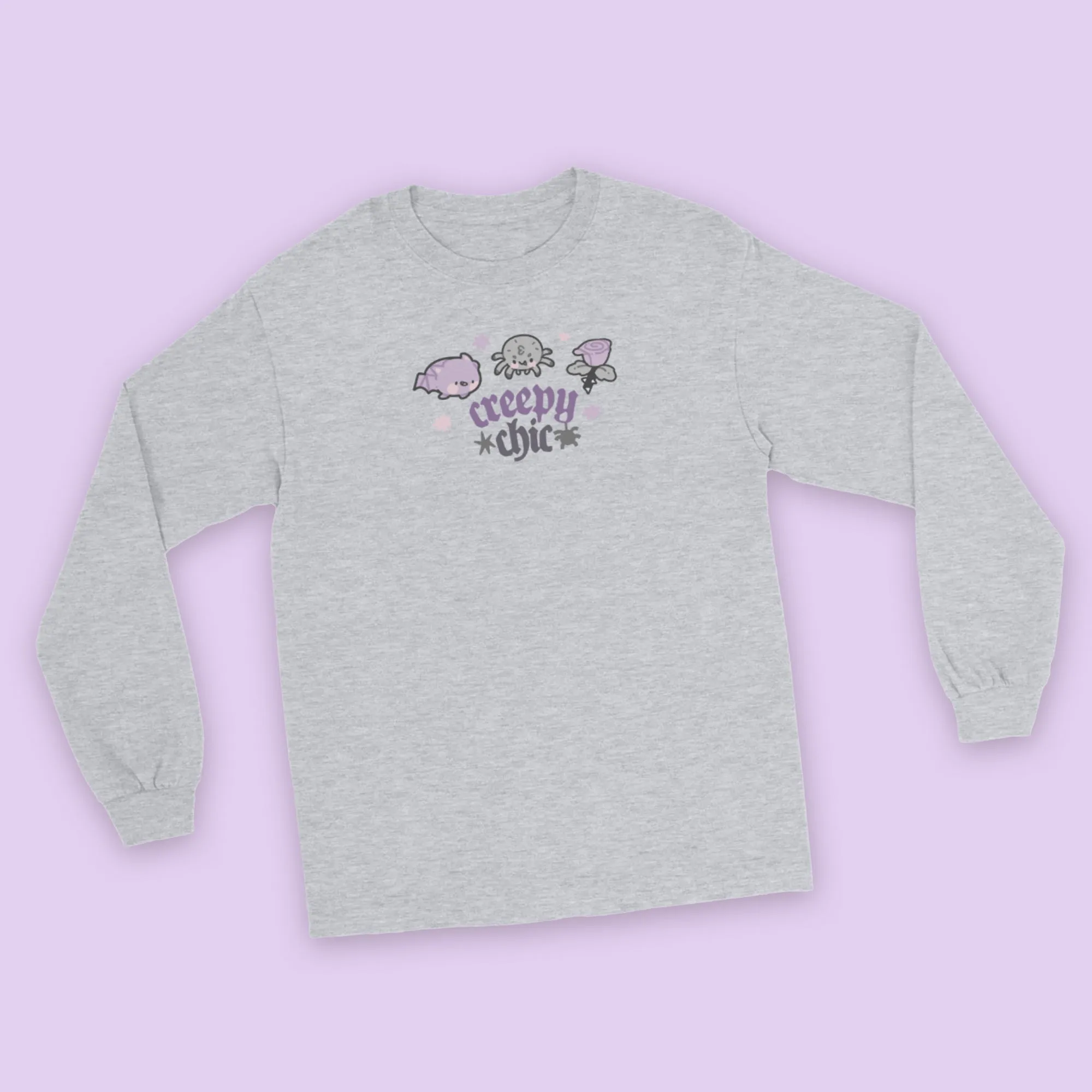 Bartholomew the Bat & Fluffy the Spider Long Sleeve T-Shirt | Creepy Chic Quote | Gothic Purple Rose Halloween Apparel