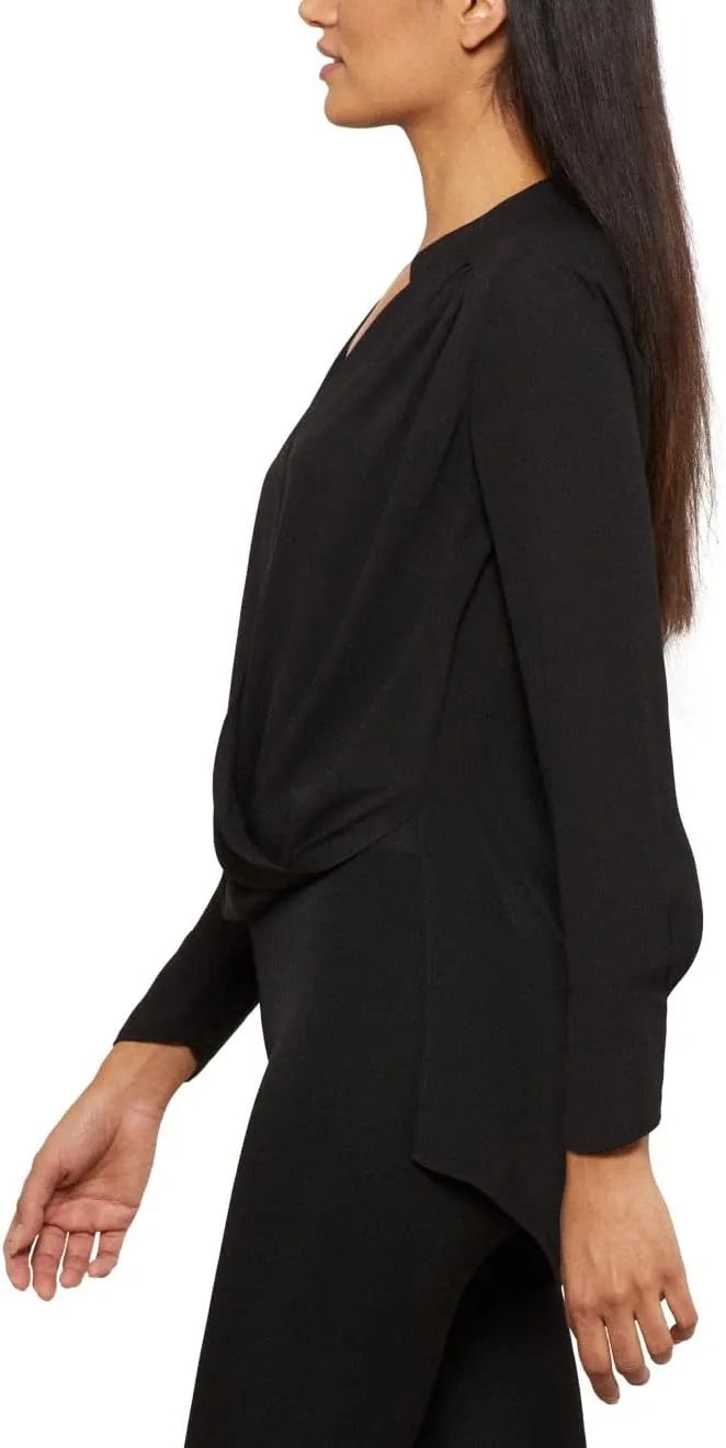 BCBGMAXAZRIA Women's Relaxed Long Sleeve Faux Wrap Blouse Scoop Neck Surplice Top