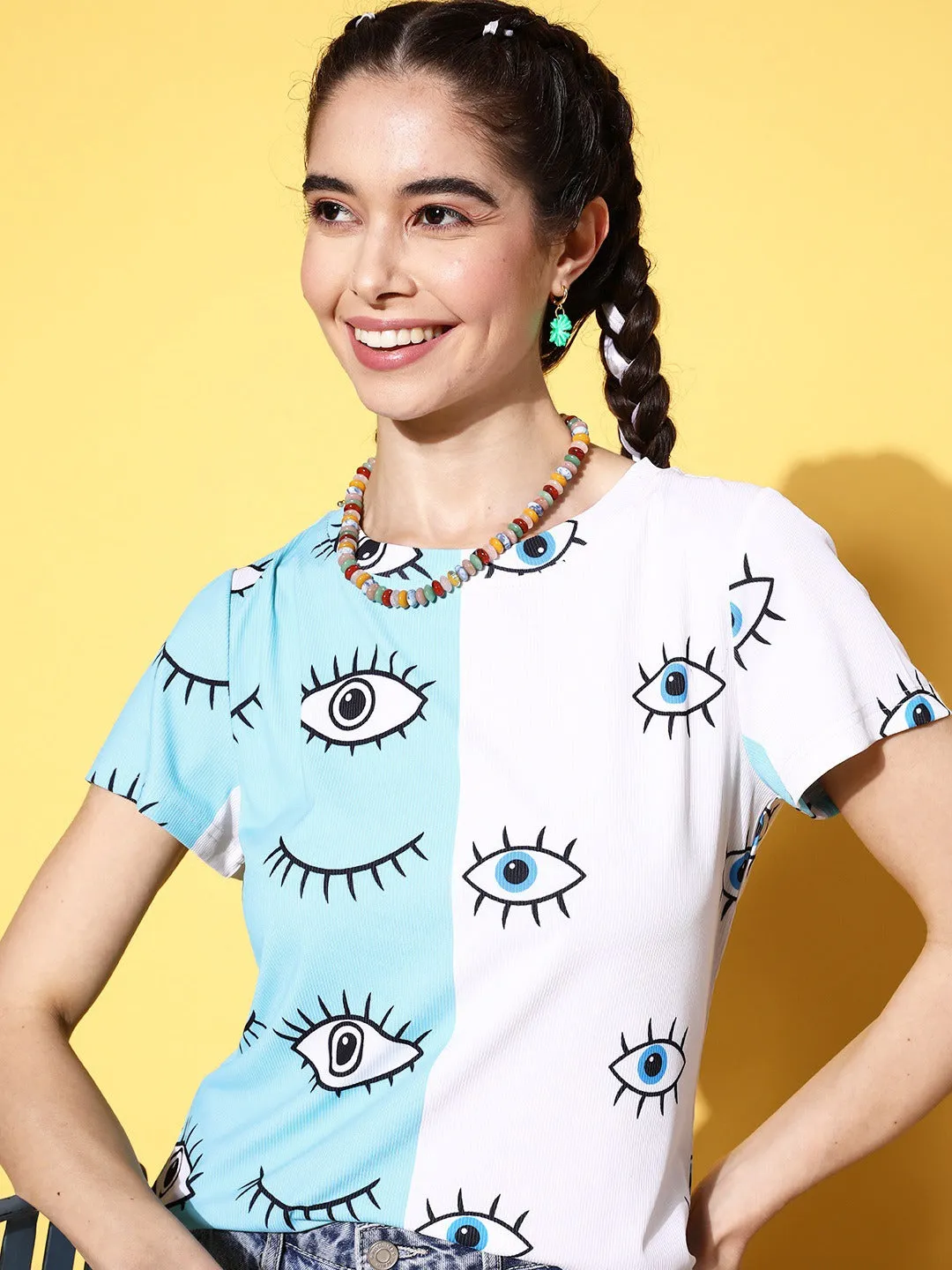 Berrylush Women White & Blue Conversational Printed Round Neck Short Sleeves Knitted Regular T-Shirt