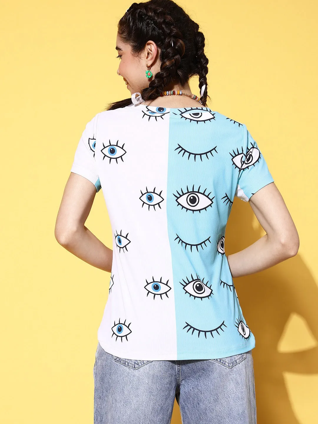 Berrylush Women White & Blue Conversational Printed Round Neck Short Sleeves Knitted Regular T-Shirt