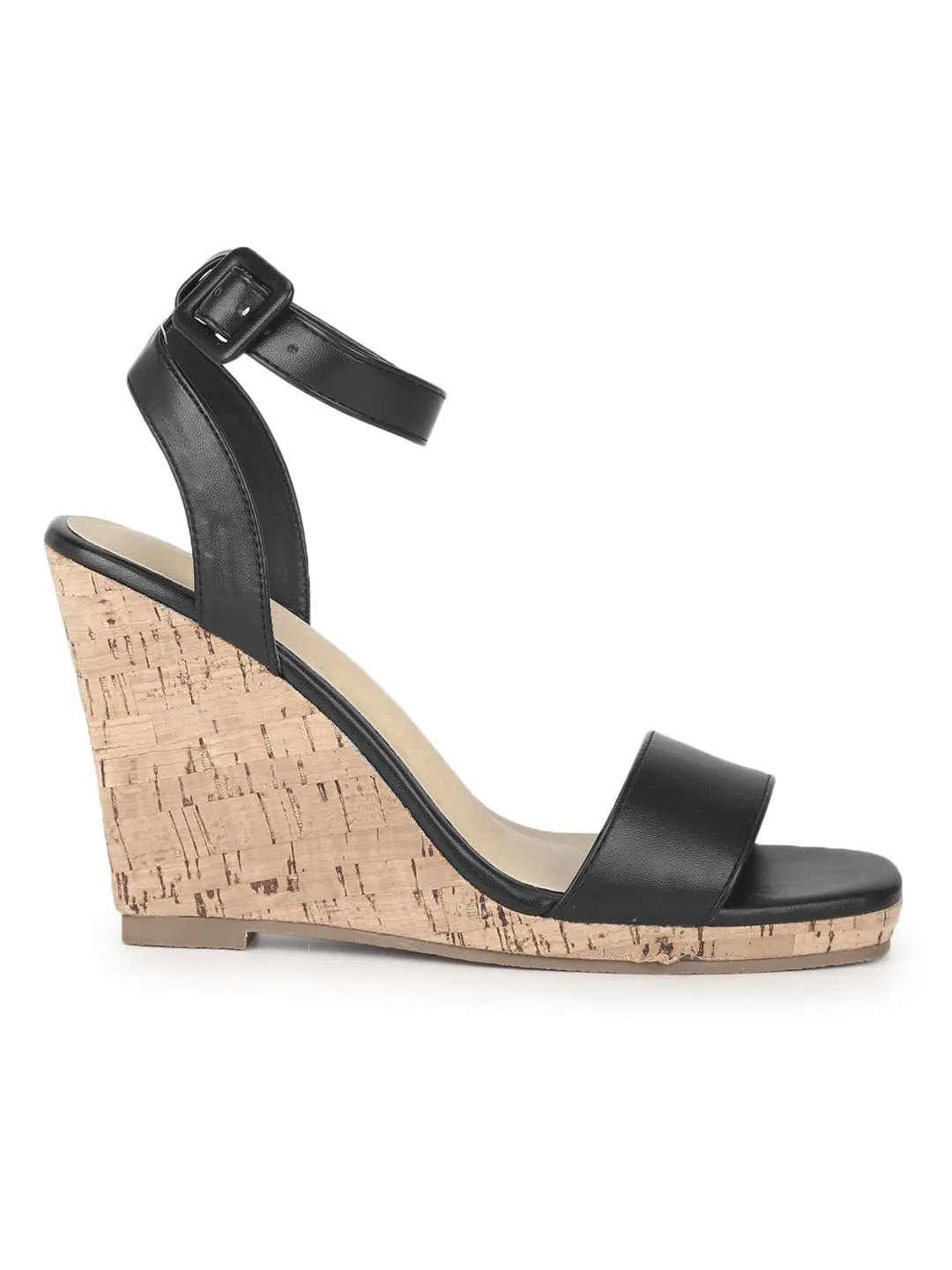 Black PU Wedge Heel Sandals
