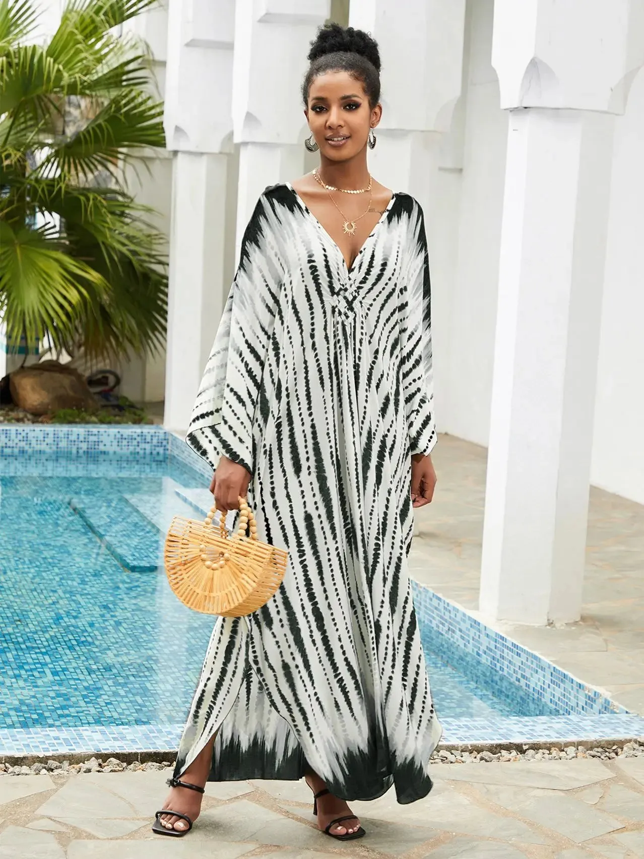 Boho Maxi Dress - Beach Dress, Kaftan Dress Vintage Embroidered in Danica Tie Dye Black