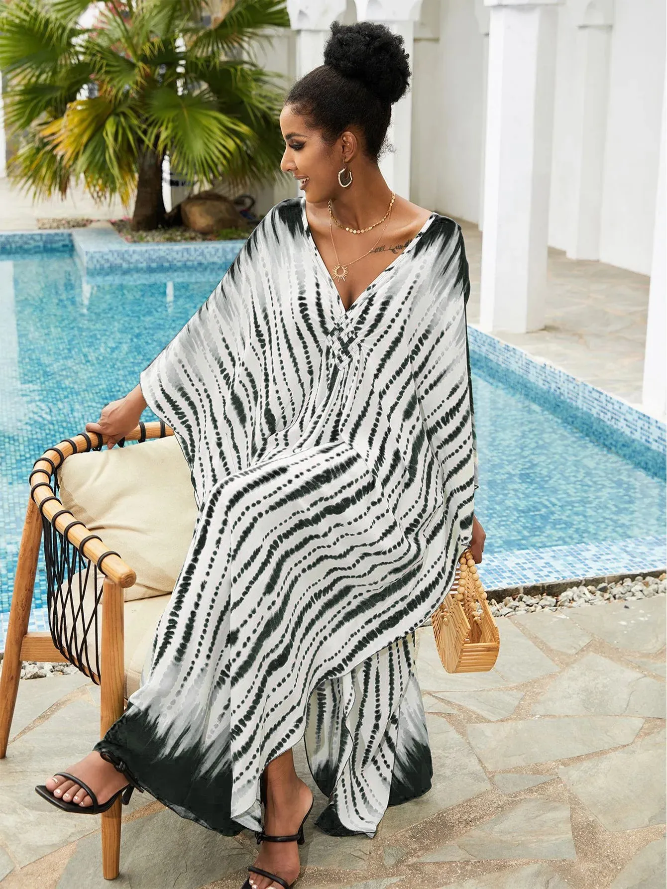 Boho Maxi Dress - Beach Dress, Kaftan Dress Vintage Embroidered in Danica Tie Dye Black