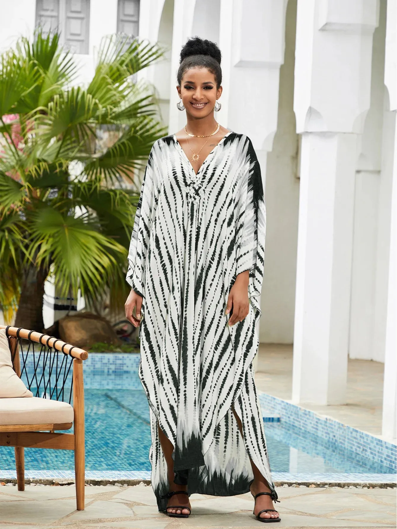 Boho Maxi Dress - Beach Dress, Kaftan Dress Vintage Embroidered in Danica Tie Dye Black