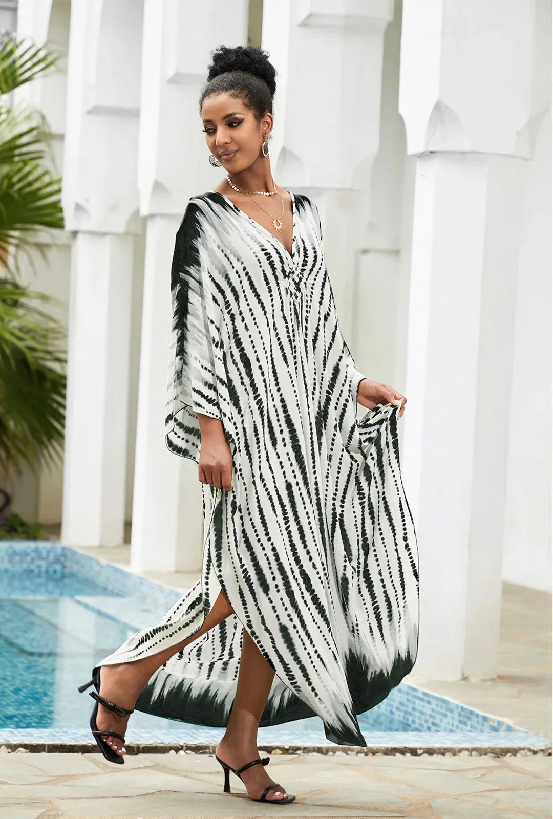 Boho Maxi Dress - Beach Dress, Kaftan Dress Vintage Embroidered in Danica Tie Dye Black