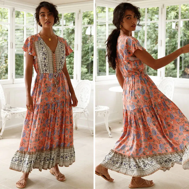 Boho Maxi Dress, Off  Shoulder Sundress, Pink Calla