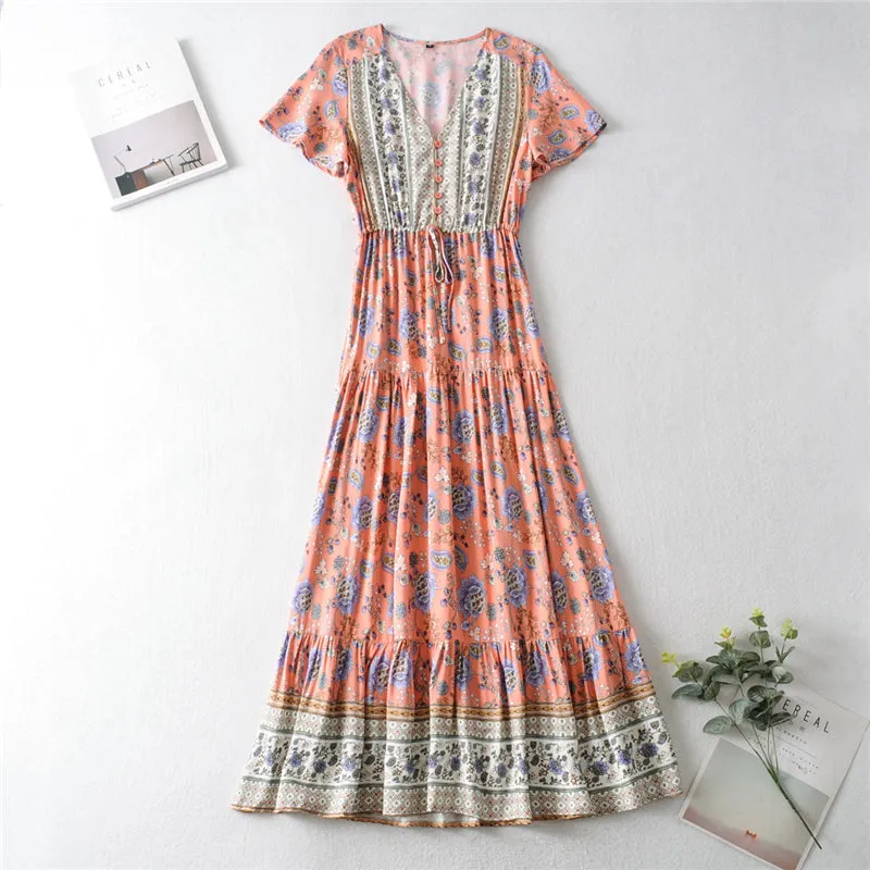 Boho Maxi Dress, Off  Shoulder Sundress, Pink Calla