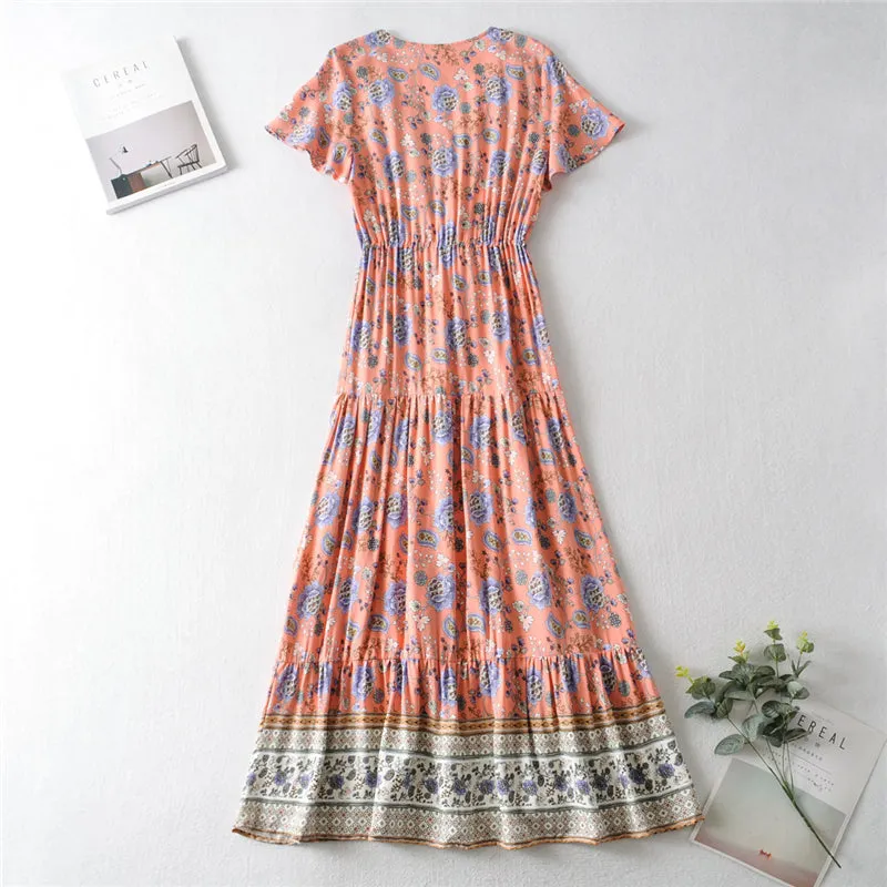 Boho Maxi Dress, Off  Shoulder Sundress, Pink Calla
