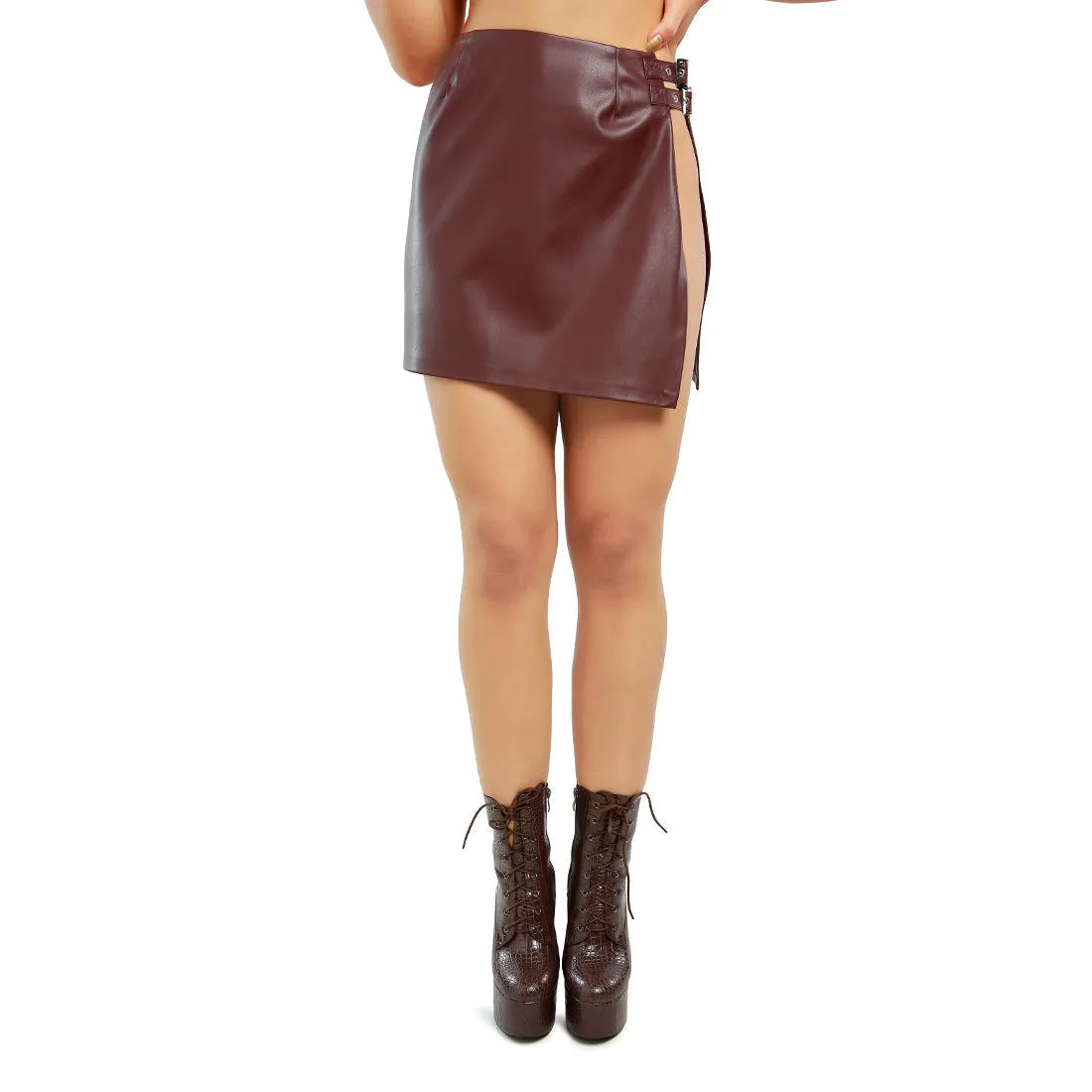 Buckle Belted Mini Skirt With A Slit