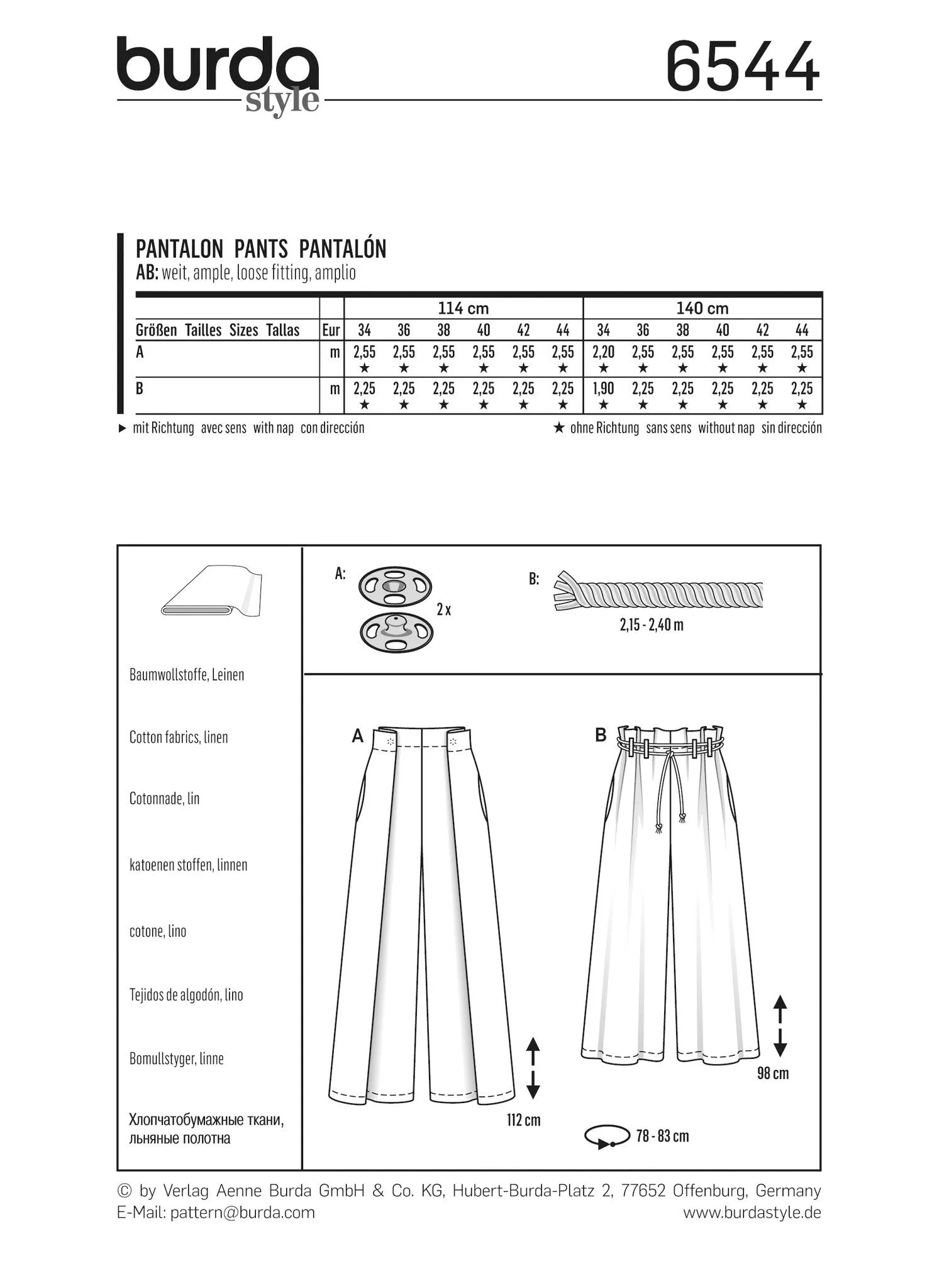 Burda Style Pattern BD6544 Misses' Pants