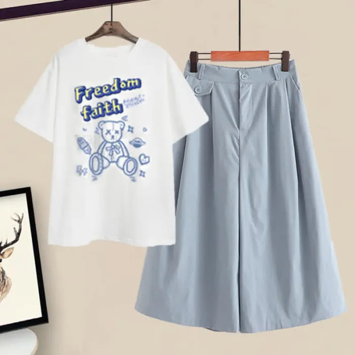 Cartoon Bear Letter Print T-Shirt Pantskirt Set