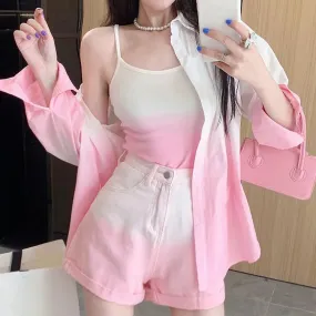 Chic Gradient Color Lapel Shirt Cami Top Denim Shorts