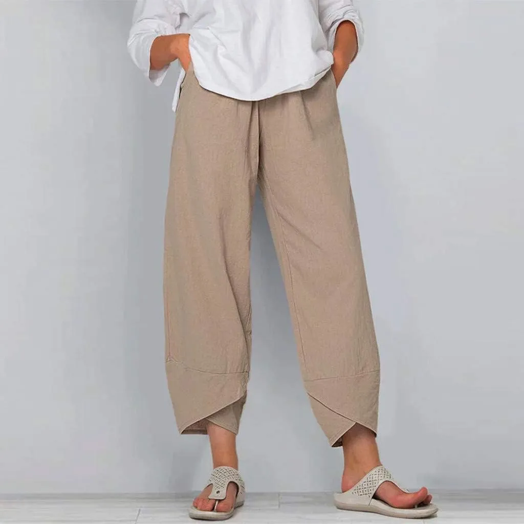 Cotton Linen Casual Summer Capri Pants Printed Cropped Comfy Baggy Trousers with Pockets Palazzo Lounge Pants