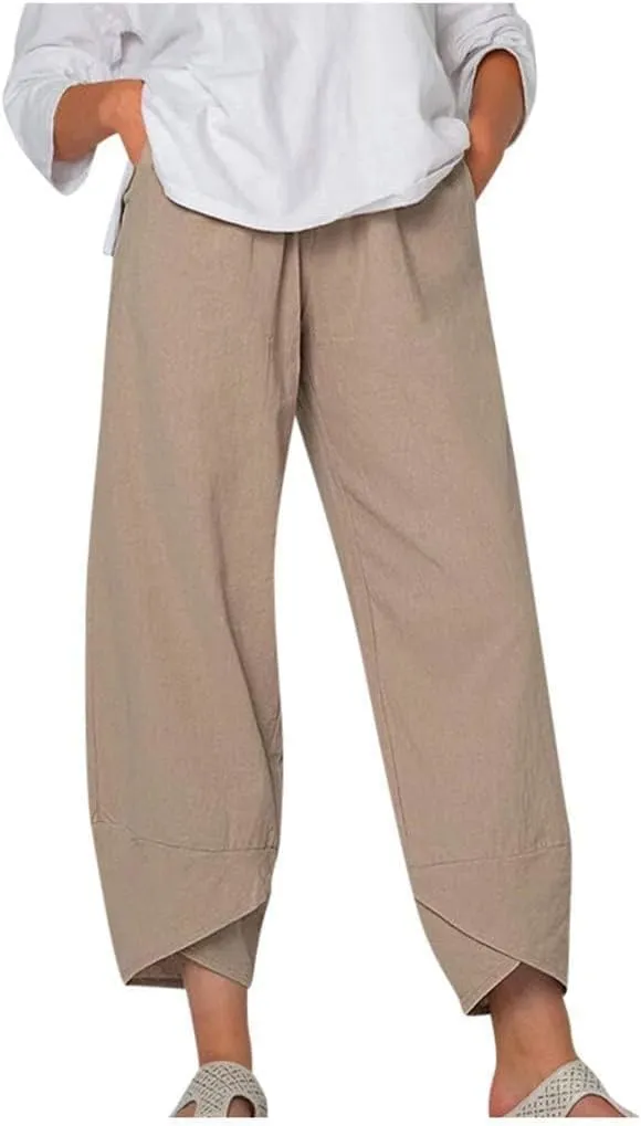 Cotton Linen Casual Summer Capri Pants Printed Cropped Comfy Baggy Trousers with Pockets Palazzo Lounge Pants