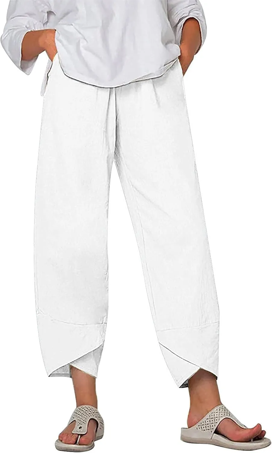 Cotton Linen Casual Summer Capri Pants Printed Cropped Comfy Baggy Trousers with Pockets Palazzo Lounge Pants