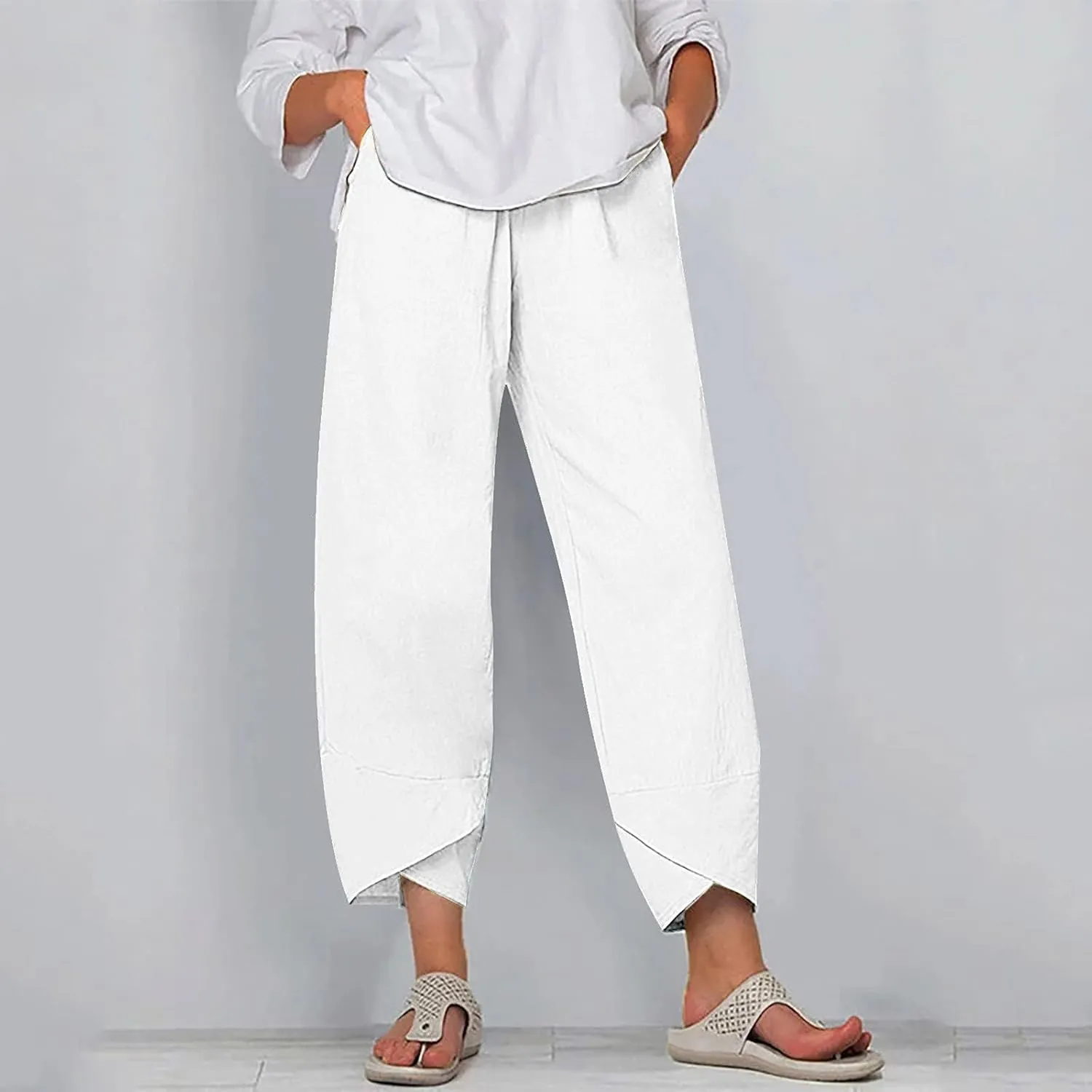 Cotton Linen Casual Summer Capri Pants Printed Cropped Comfy Baggy Trousers with Pockets Palazzo Lounge Pants