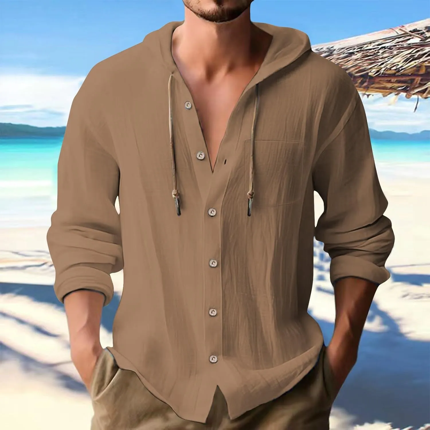 Cotton Linen Hoodies for Men Casual Lightweight Breathable Long Sleeve Button Down Hooded Beach Hippie T Shirts