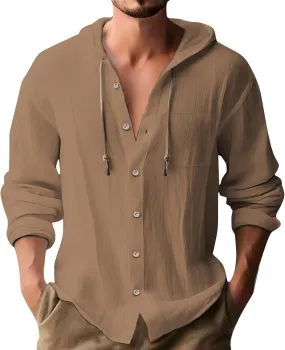 Cotton Linen Hoodies for Men Casual Lightweight Breathable Long Sleeve Button Down Hooded Beach Hippie T Shirts