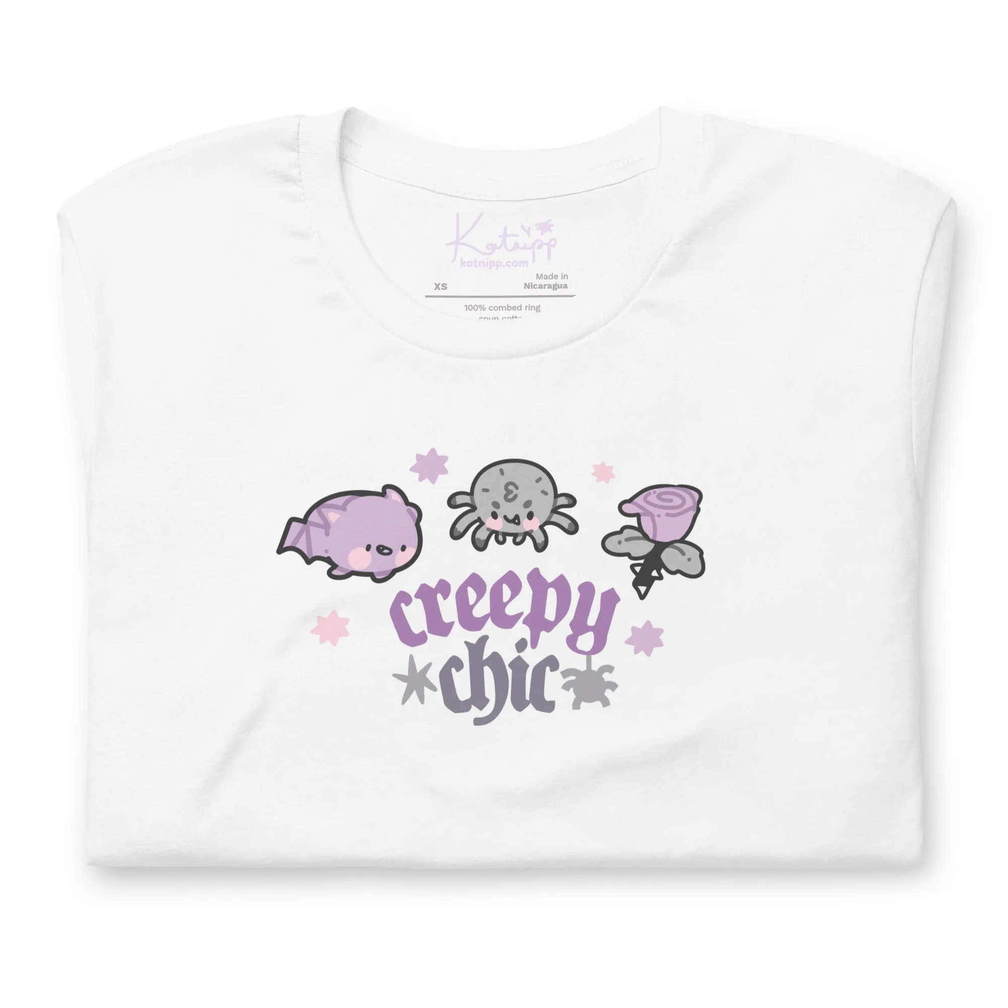 Creepy Chic Gothic Halloween T-Shirt | Kawaii Spooky Aesthetic Tee | Cute Bat & Spider Shirt for Vampies Vault Fans