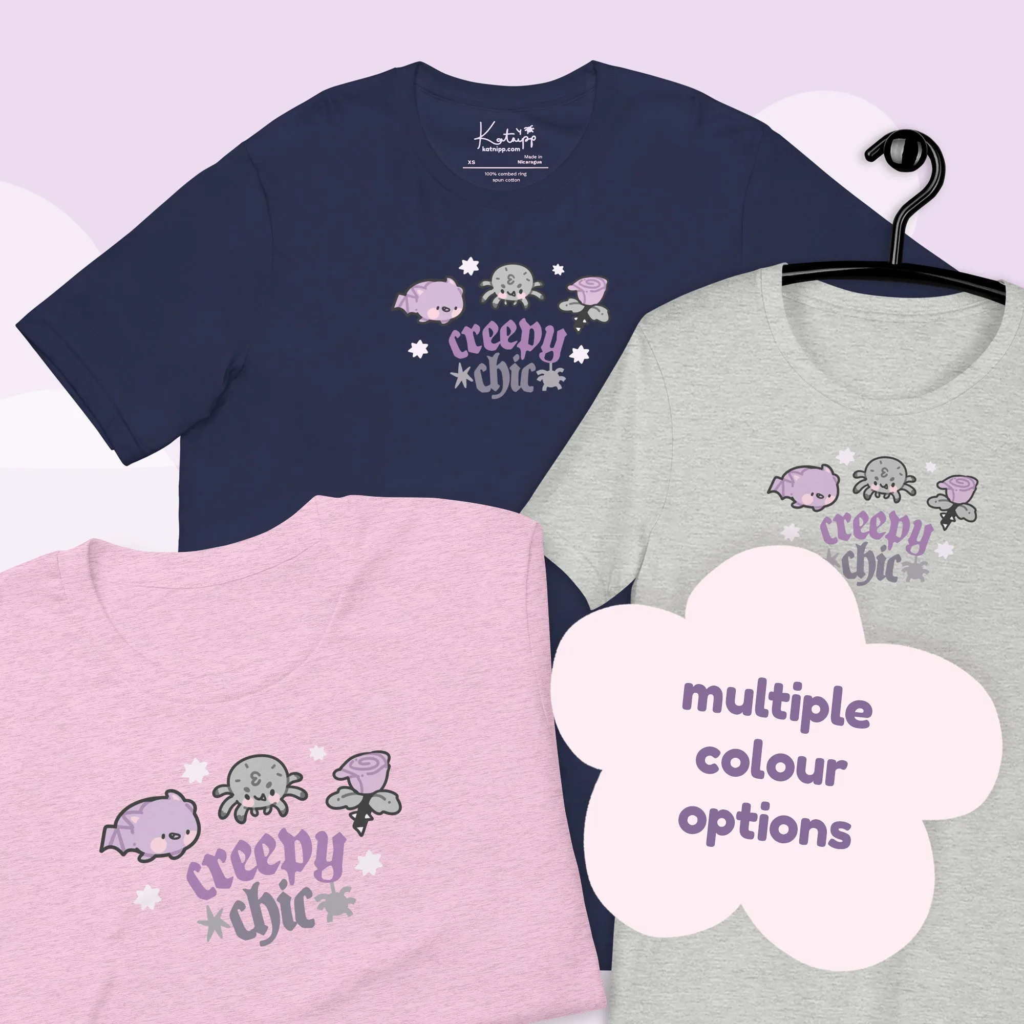 Creepy Chic Gothic Halloween T-Shirt | Kawaii Spooky Aesthetic Tee | Cute Bat & Spider Shirt for Vampies Vault Fans