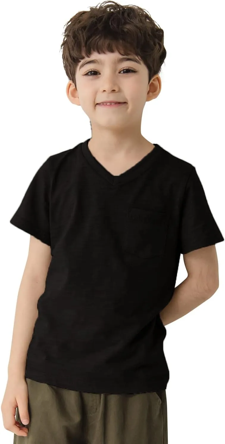 CUNYI Little Boys' V-Neck Pocket T-Shirt 100% Cotton Short Sleeve Solid Summer Tops
