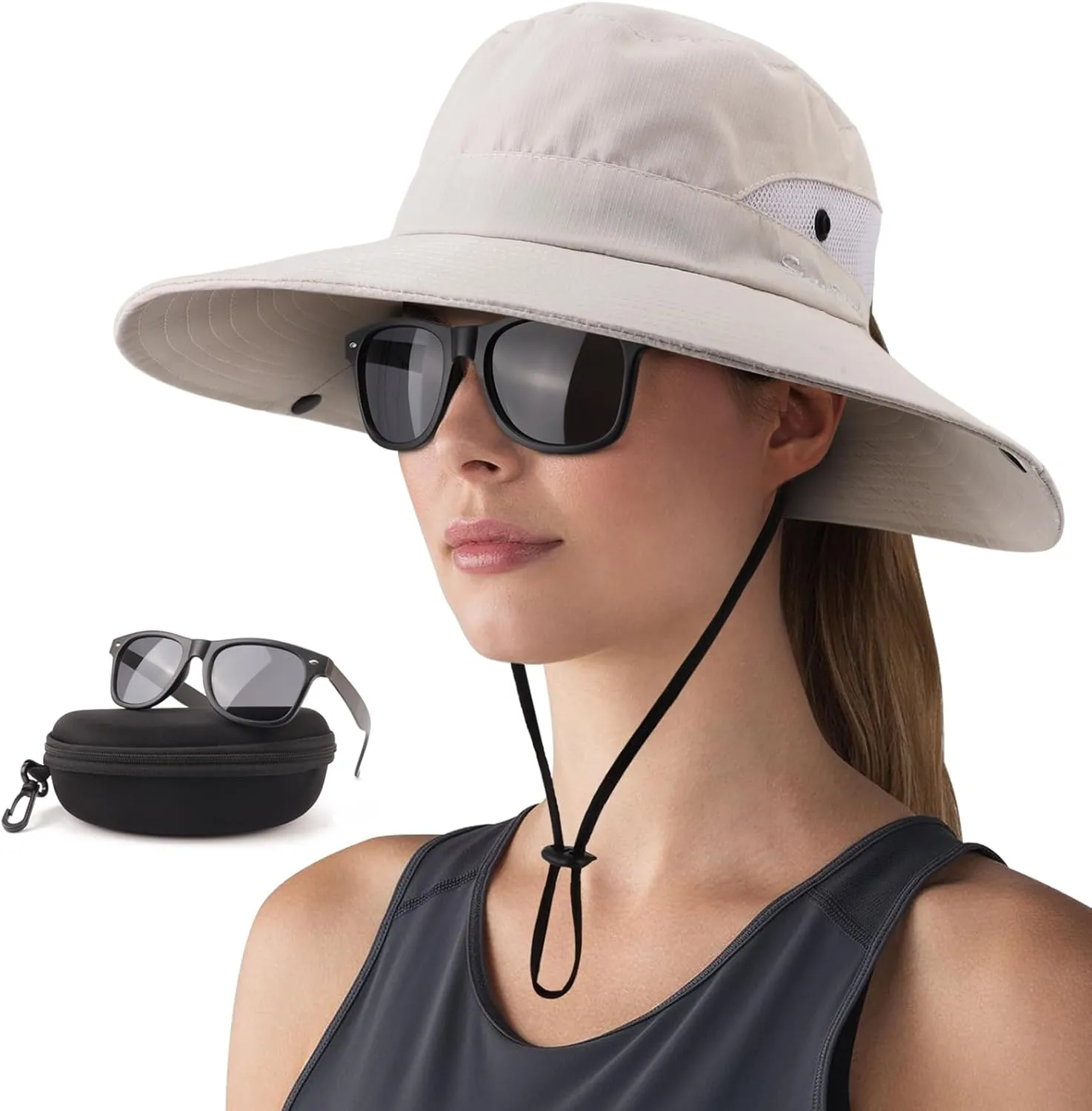 DRESHOW Women Sun Hat Outdoor UV Protection Hat Foldable Mesh Wide Brim Fishing Ponytail Beach Bucket Hats
