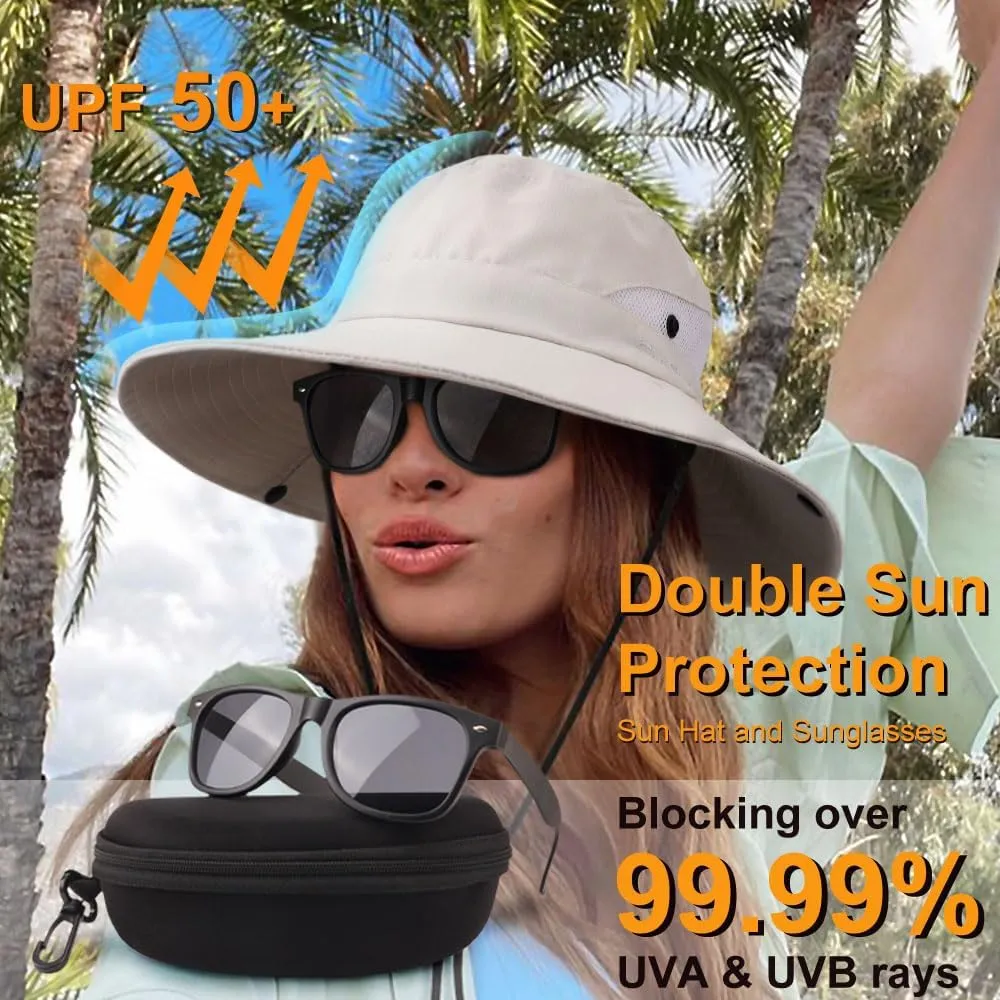 DRESHOW Women Sun Hat Outdoor UV Protection Hat Foldable Mesh Wide Brim Fishing Ponytail Beach Bucket Hats
