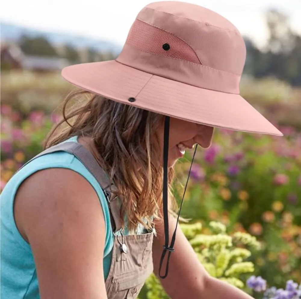 DRESHOW Women Sun Hat Outdoor UV Protection Hat Foldable Mesh Wide Brim Fishing Ponytail Beach Bucket Hats