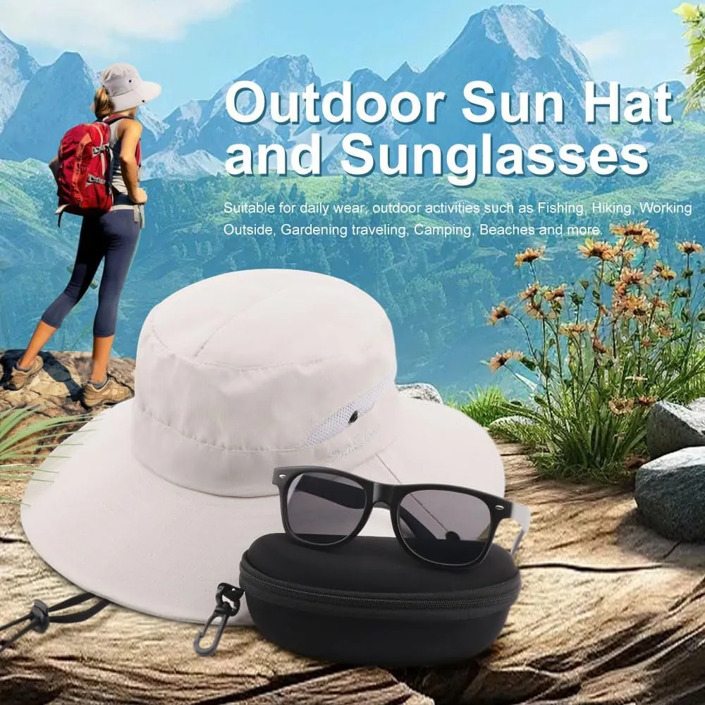 DRESHOW Women Sun Hat Outdoor UV Protection Hat Foldable Mesh Wide Brim Fishing Ponytail Beach Bucket Hats