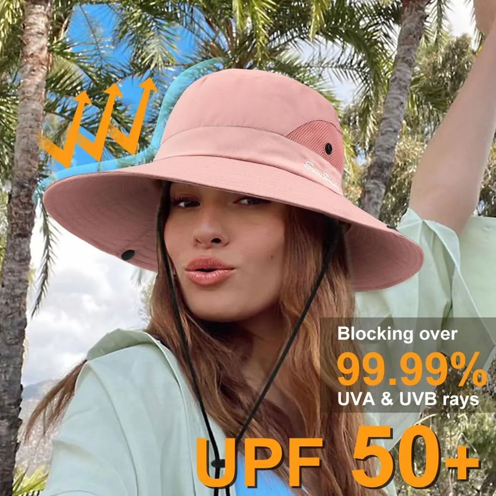 DRESHOW Women Sun Hat Outdoor UV Protection Hat Foldable Mesh Wide Brim Fishing Ponytail Beach Bucket Hats