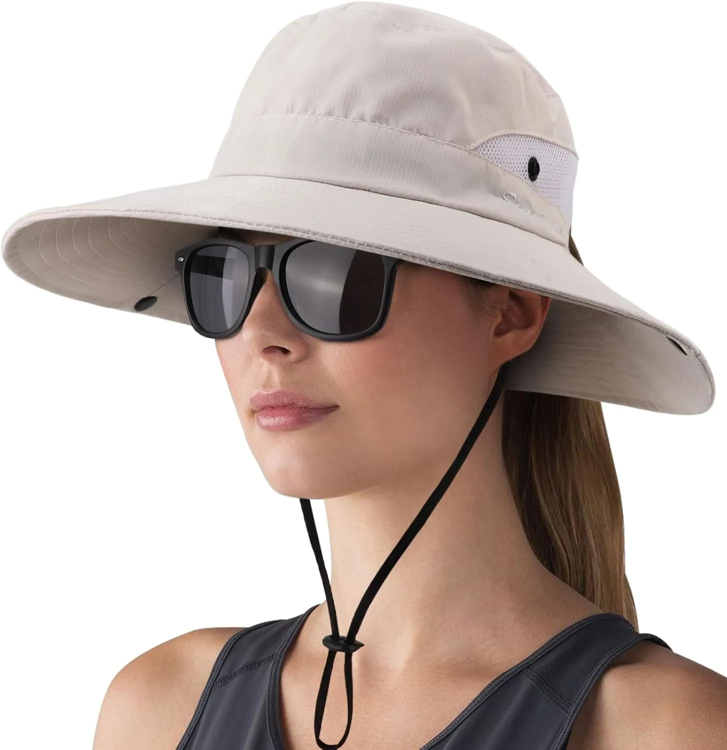 DRESHOW Women Sun Hat Outdoor UV Protection Hat Foldable Mesh Wide Brim Fishing Ponytail Beach Bucket Hats