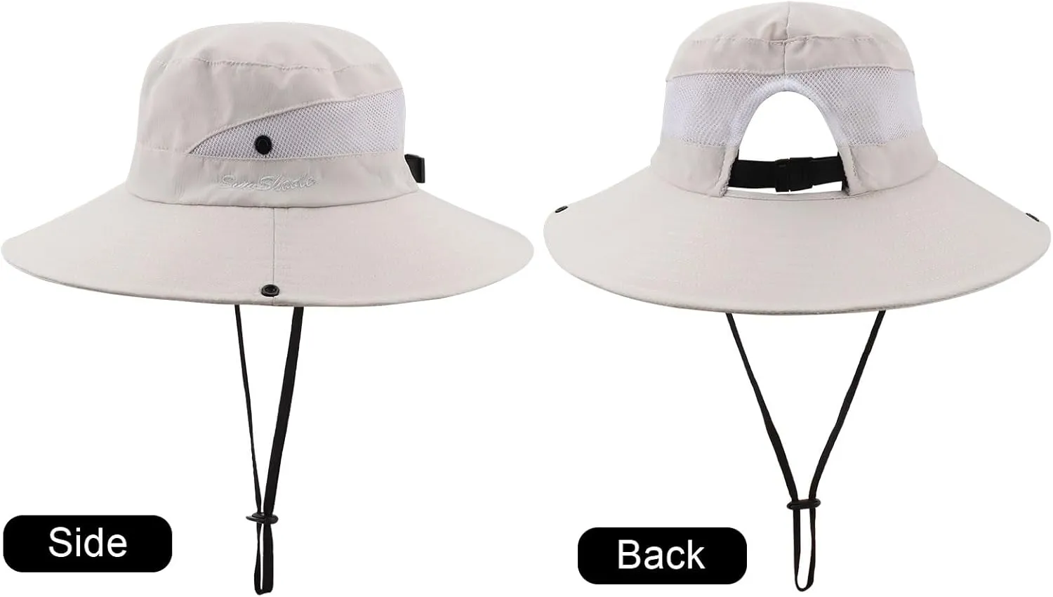 DRESHOW Women Sun Hat Outdoor UV Protection Hat Foldable Mesh Wide Brim Fishing Ponytail Beach Bucket Hats