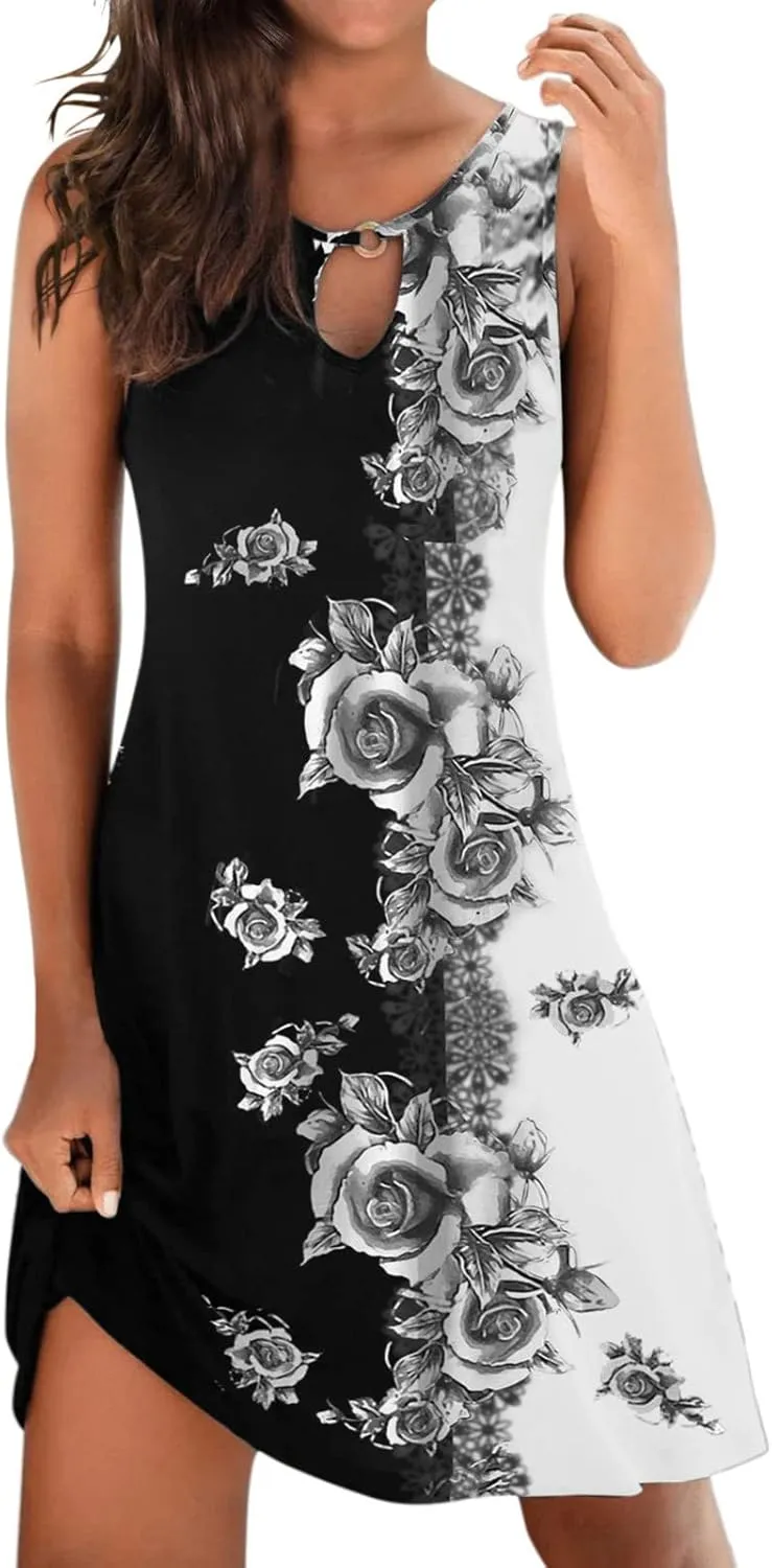 Dresses for Women 2024 Casual Short Sundress Printed Crewneck Sleeveless Tank Dress A Line Sun Dress Summer Dresses
