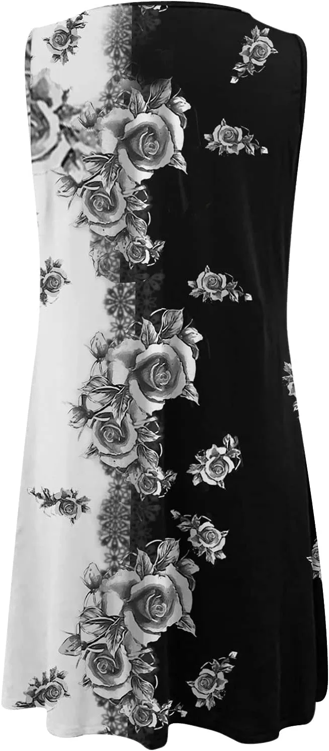 Dresses for Women 2024 Casual Short Sundress Printed Crewneck Sleeveless Tank Dress A Line Sun Dress Summer Dresses
