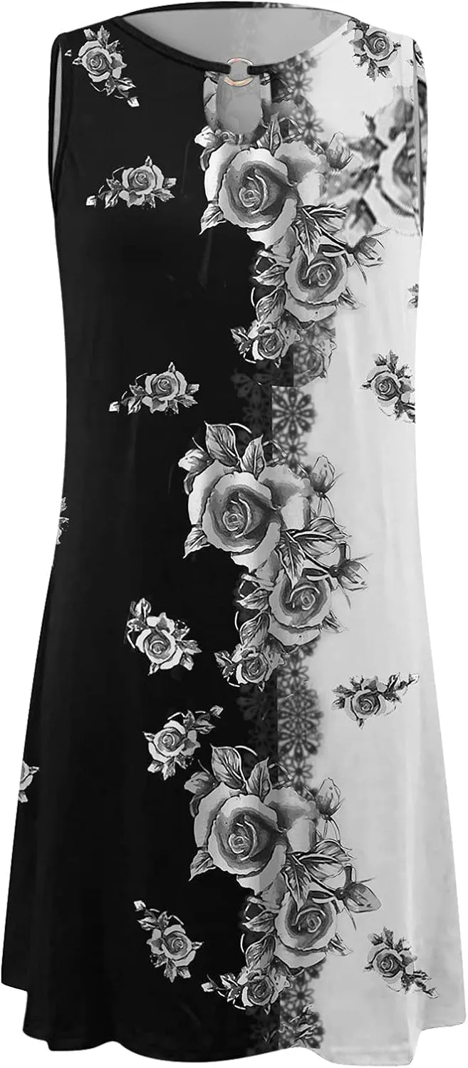 Dresses for Women 2024 Casual Short Sundress Printed Crewneck Sleeveless Tank Dress A Line Sun Dress Summer Dresses