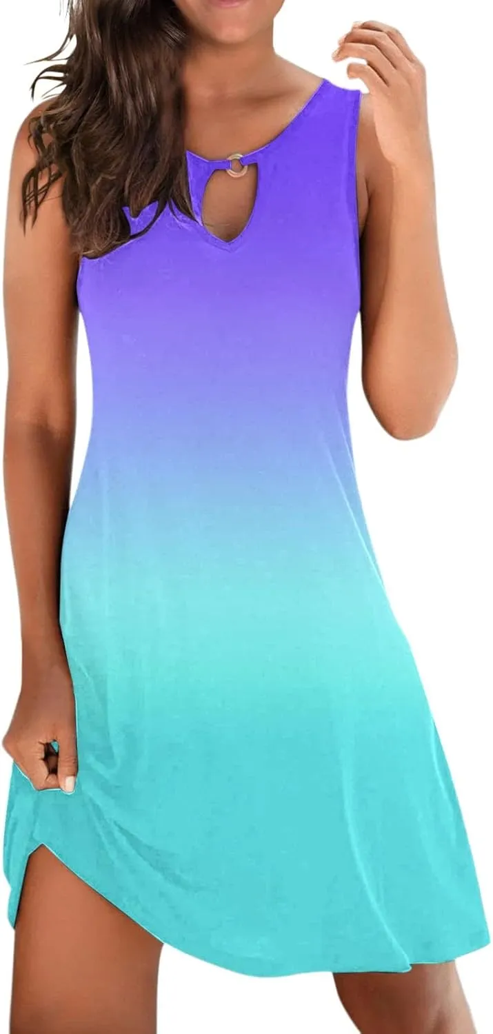 Dresses for Women 2024 Casual Short Sundress Printed Crewneck Sleeveless Tank Dress A Line Sun Dress Summer Dresses