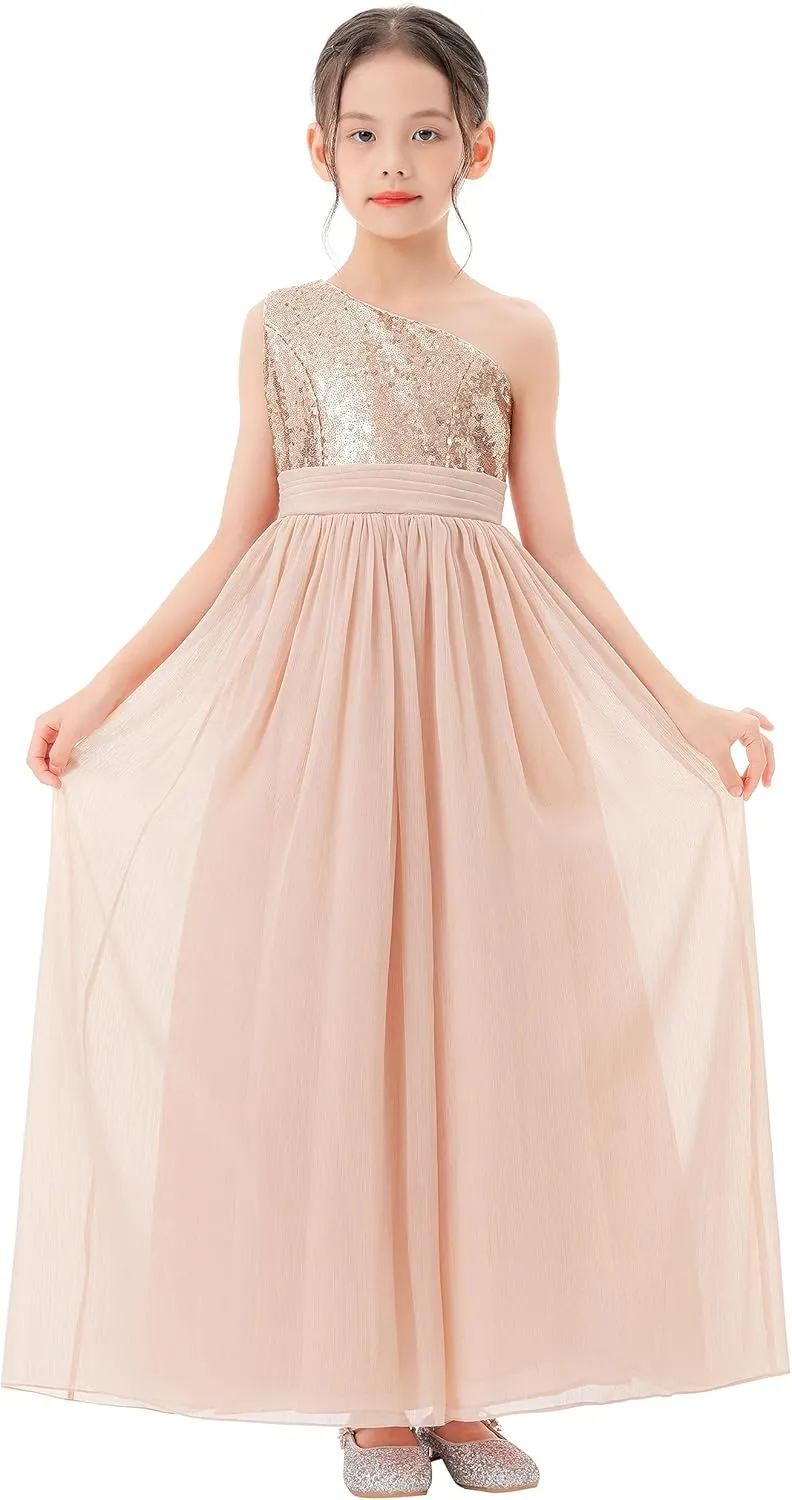 ekidsbridal One Shoulder Sequins Chiffon Flower Girl Dresses for Special Occasions 328