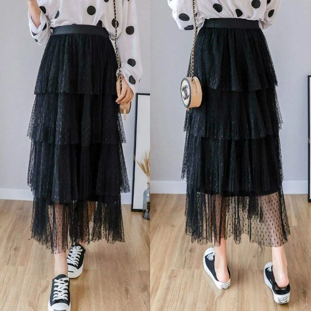 FashionSierra - New Fashion Summer Women Dot Lace Tiered High Waist Beach Long Skirt Sundress Cake Tulle Skirt Party Ball Gown