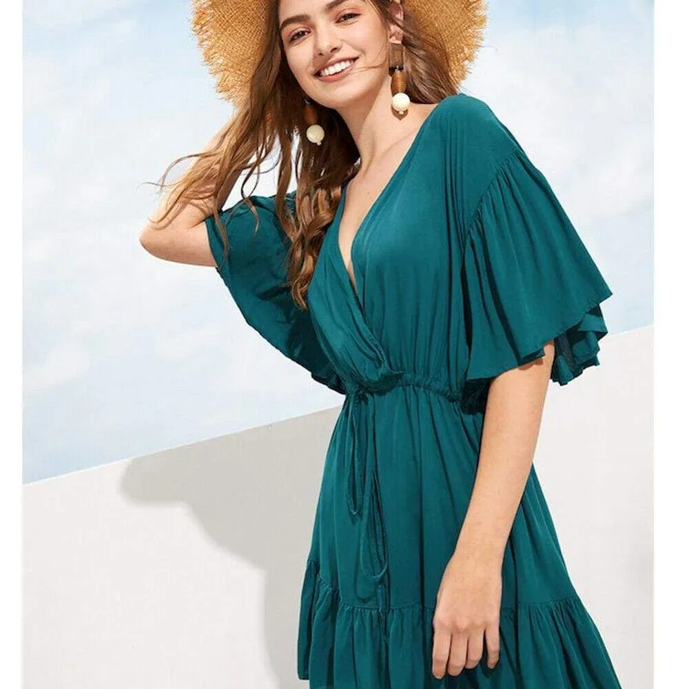 FashionSierra - New Women Green V-neck Frill Mini Short Dress Ladies Short Sleeve Fashion Summer Beach Skater Slim Sundress