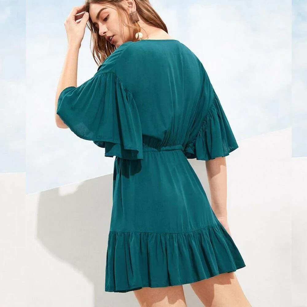 FashionSierra - New Women Green V-neck Frill Mini Short Dress Ladies Short Sleeve Fashion Summer Beach Skater Slim Sundress