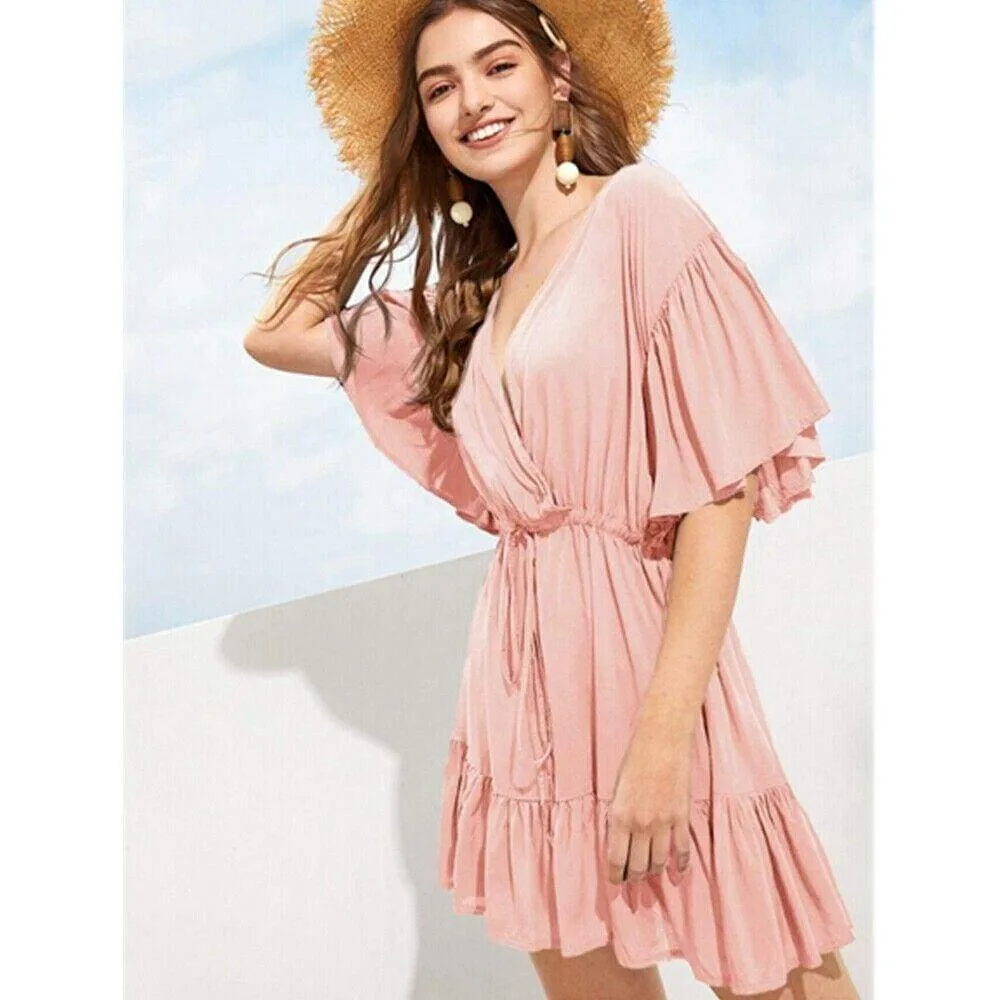 FashionSierra - New Women Green V-neck Frill Mini Short Dress Ladies Short Sleeve Fashion Summer Beach Skater Slim Sundress
