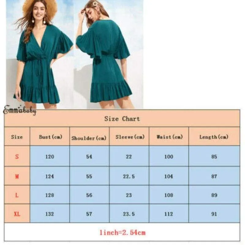FashionSierra - New Women Green V-neck Frill Mini Short Dress Ladies Short Sleeve Fashion Summer Beach Skater Slim Sundress
