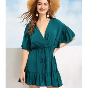 FashionSierra - New Women Green V-neck Frill Mini Short Dress Ladies Short Sleeve Fashion Summer Beach Skater Slim Sundress